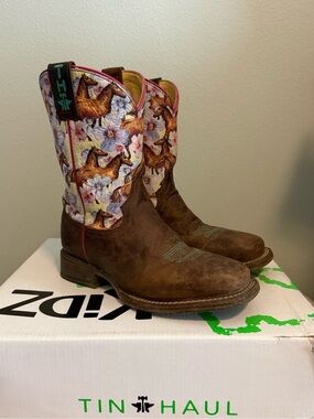 Tin Haul Brown Leather Western Boots with Floral Shaft